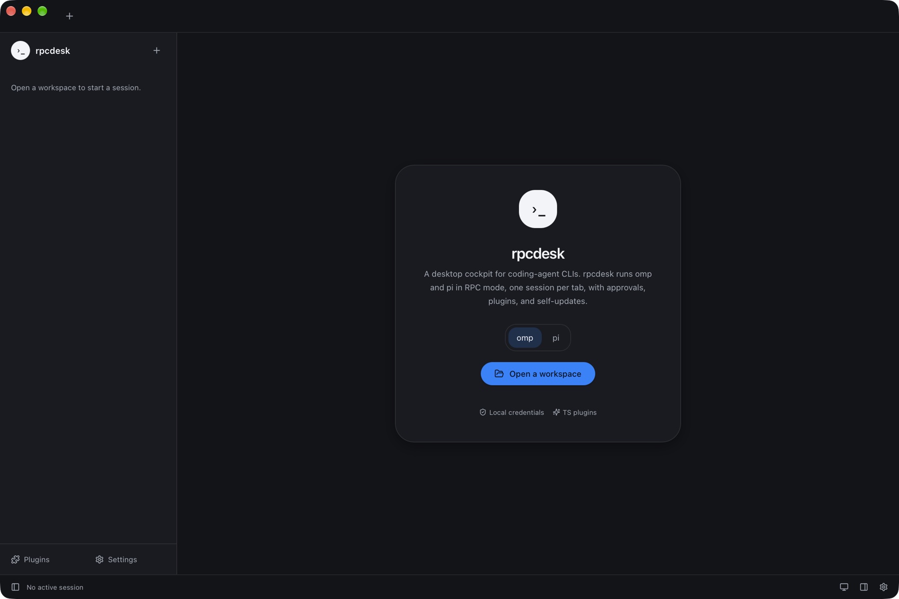 rpcdesk welcome screen in the dark theme